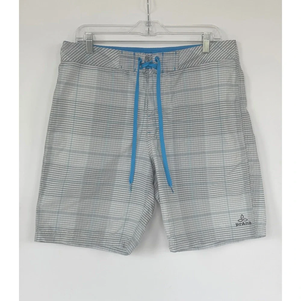 Prana Mens‎ Plaid Board Shorts Size 34 Grey Blue UPF 50+ Swim Trunks